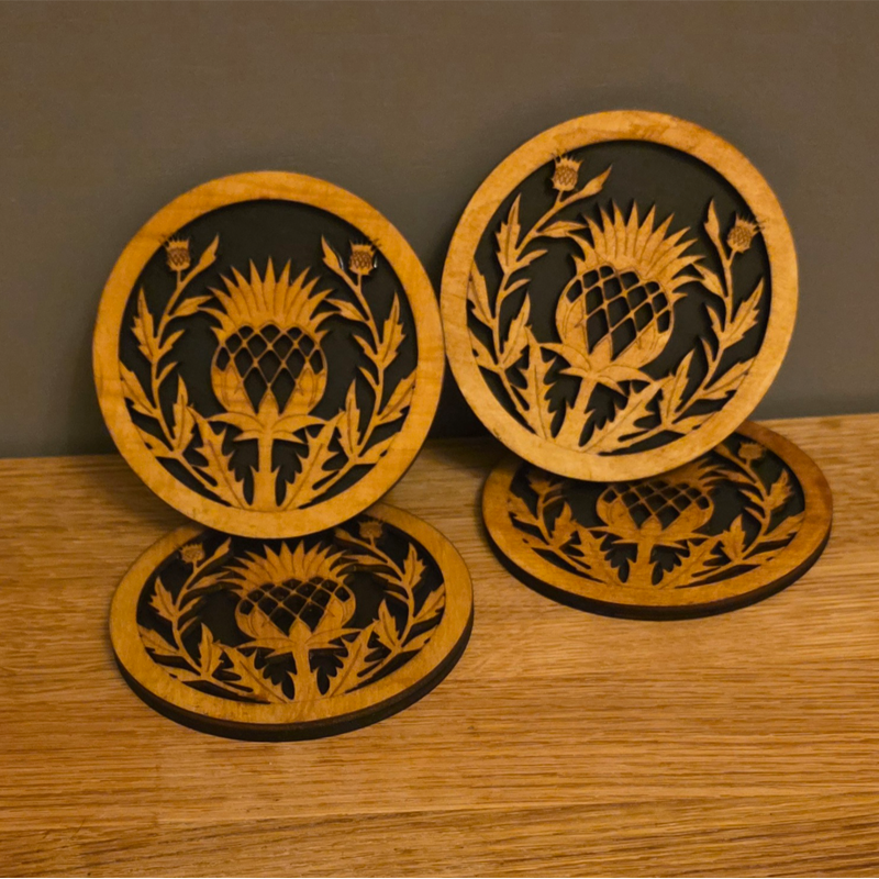 Set of 4 Scottish Thistle Wooden Coasters